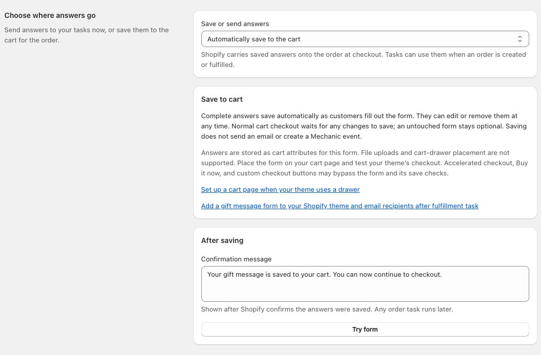 Gift form submission settings with Automatically save to the cart selected and a link to the gift email task