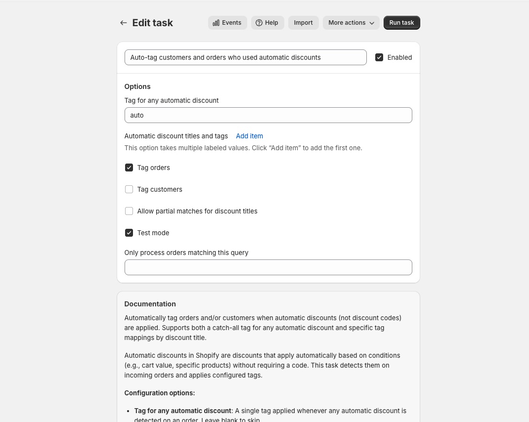 The task editor in Basic mode, showing options and documentation