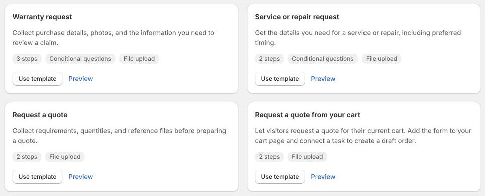 Storefront form templates in Mechanic, including quote requests, cart quotes, warranties, and service requests