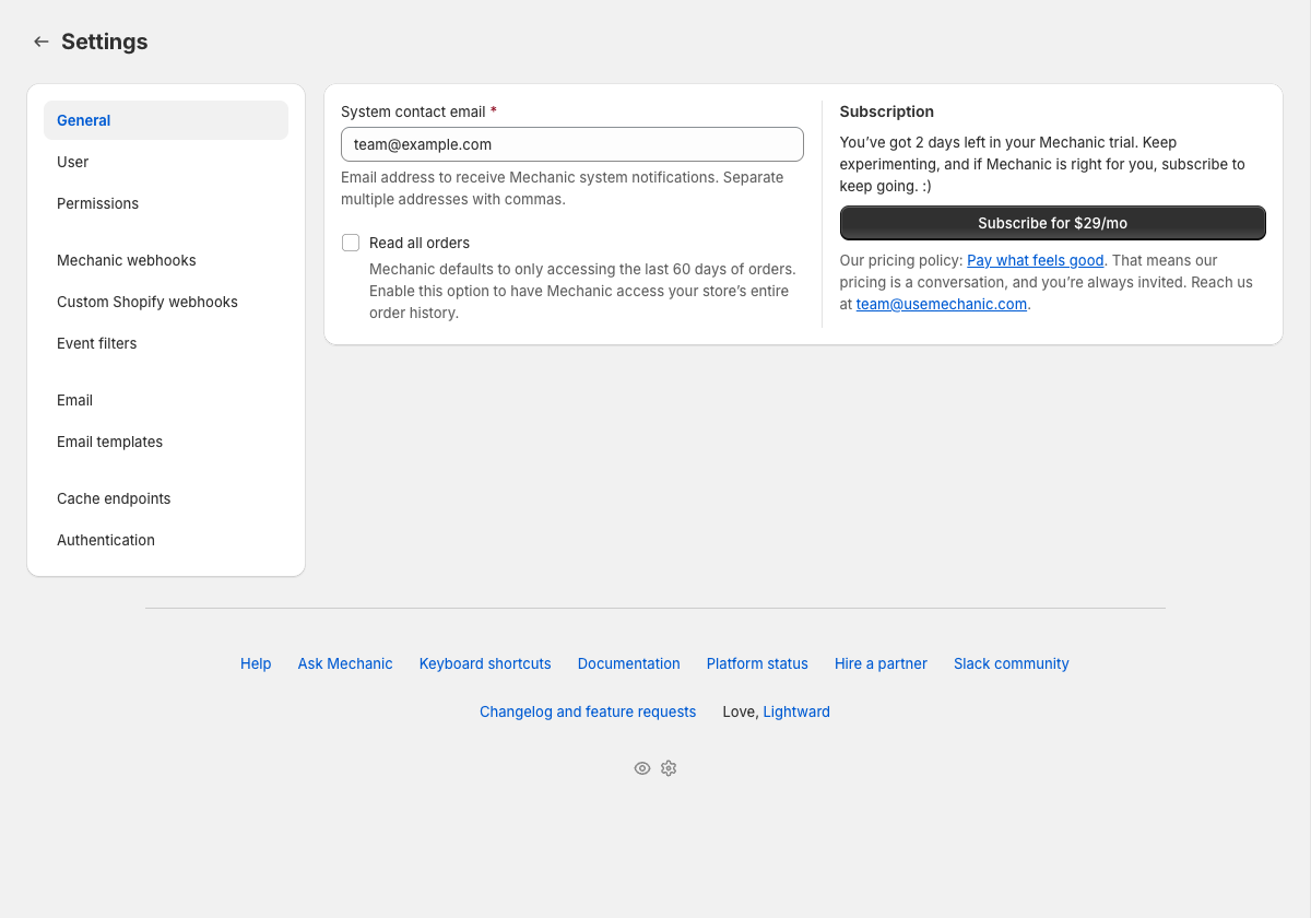 The Mechanic Settings page, organized by section