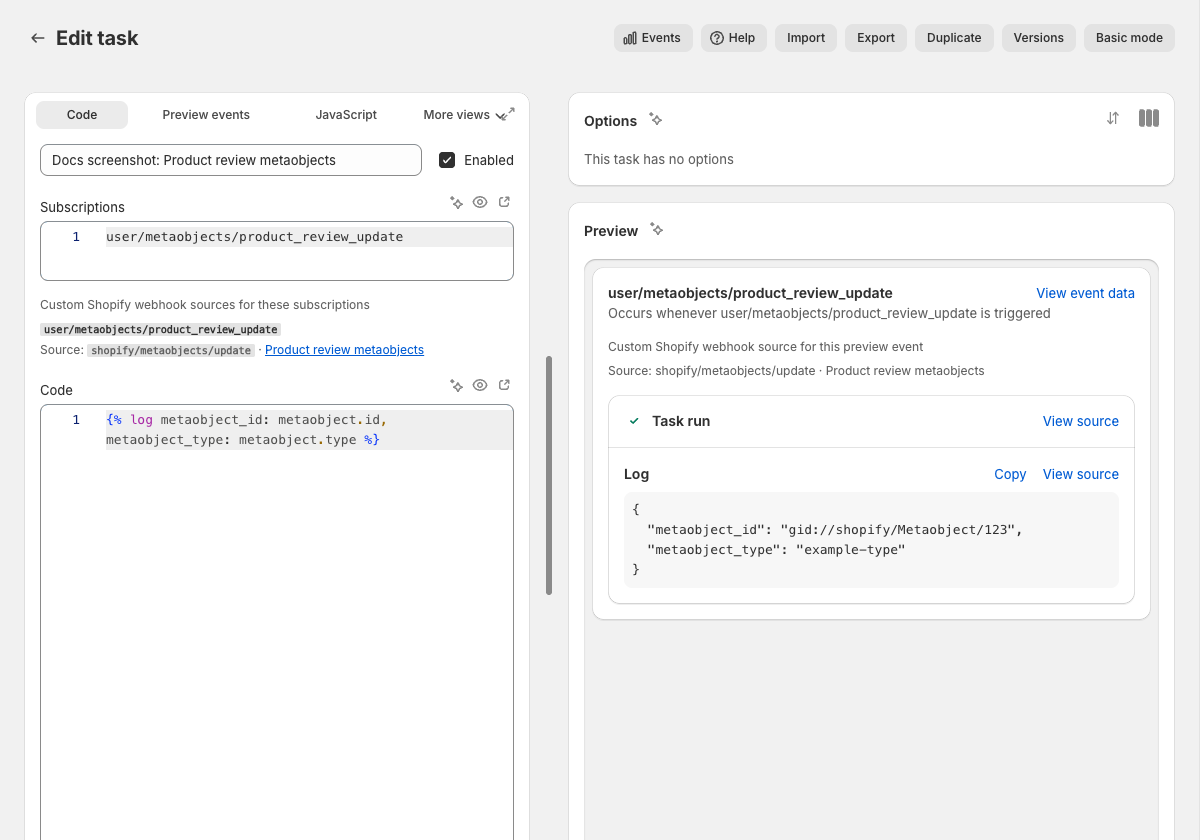 The Mechanic task editor showing a user topic backed by a custom Shopify metaobject webhook