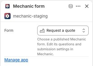 Shopify's theme editor with the Mechanic form block and its picker for published forms