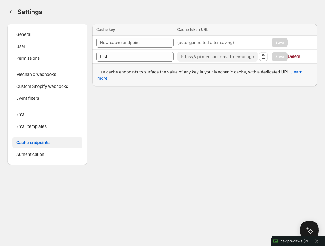The Cache endpoints section in Mechanic settings