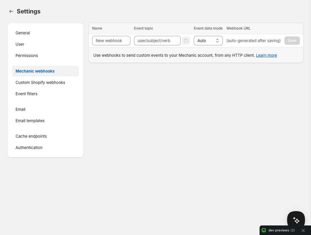 The Mechanic webhooks section in Settings, showing webhook name, event topic, event data mode, and webhook URL fields