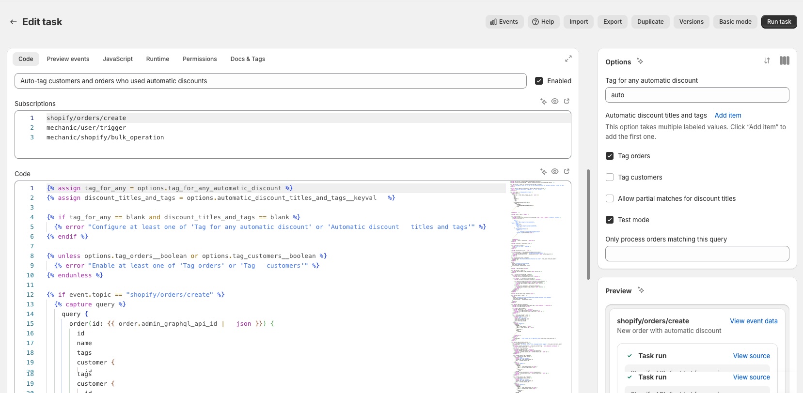 The task editor in Advanced mode, showing the code tab with subscriptions, Liquid editor, options sidebar, and preview