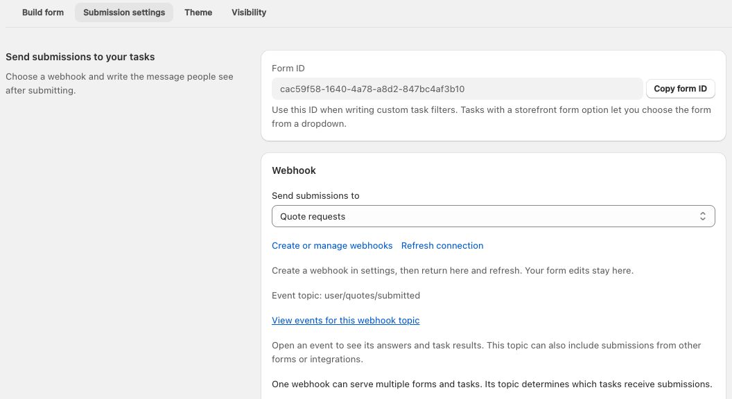 Submission settings with a copyable Form ID, the Quote requests webhook, and its user/quotes/submitted event topic