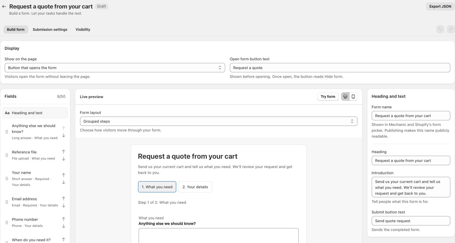 The cart quote form builder with Display settings above the field list, live preview, and heading and text settings
