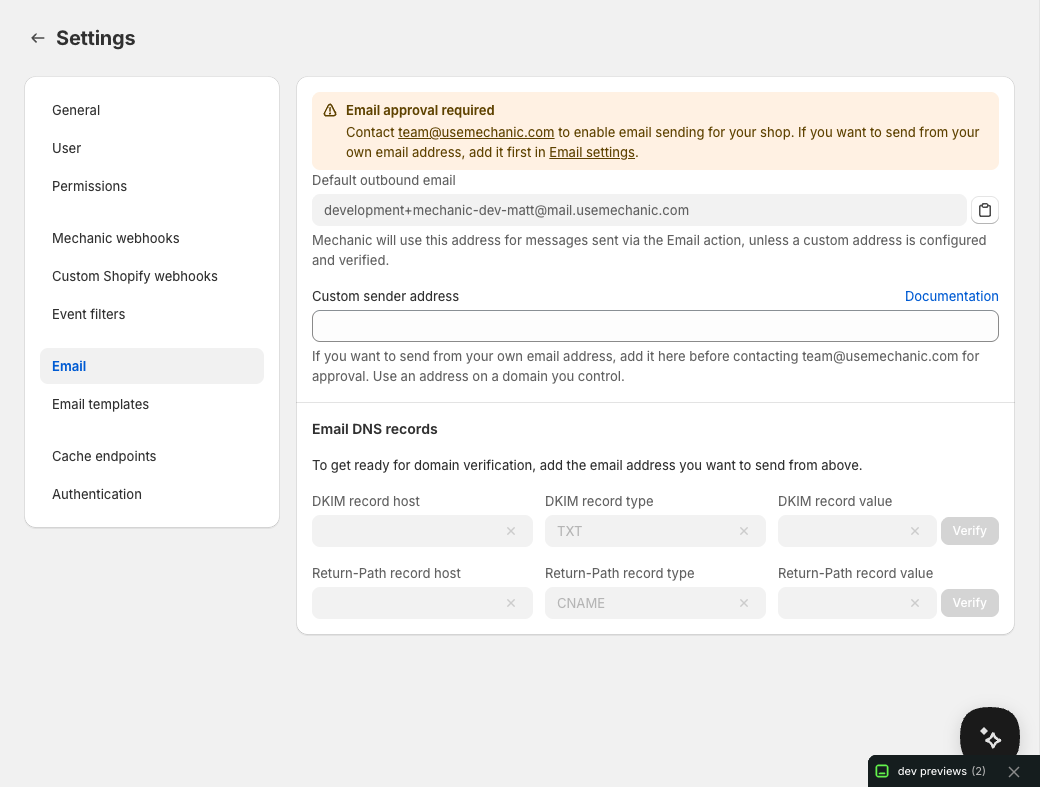 The Email section in Mechanic settings, including custom sender address and DNS records