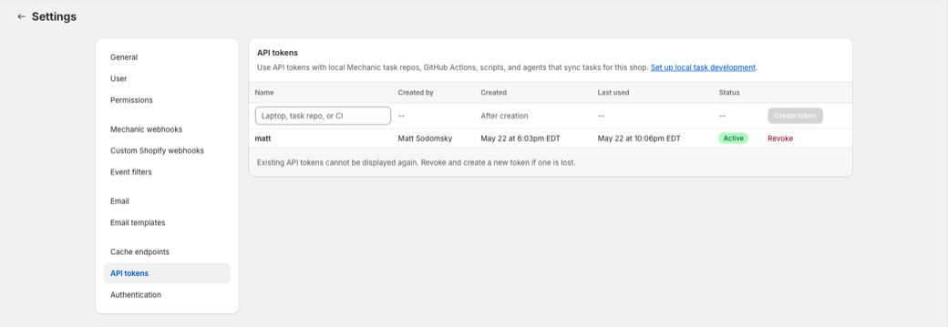 The API tokens section in Mechanic settings, showing one active API token