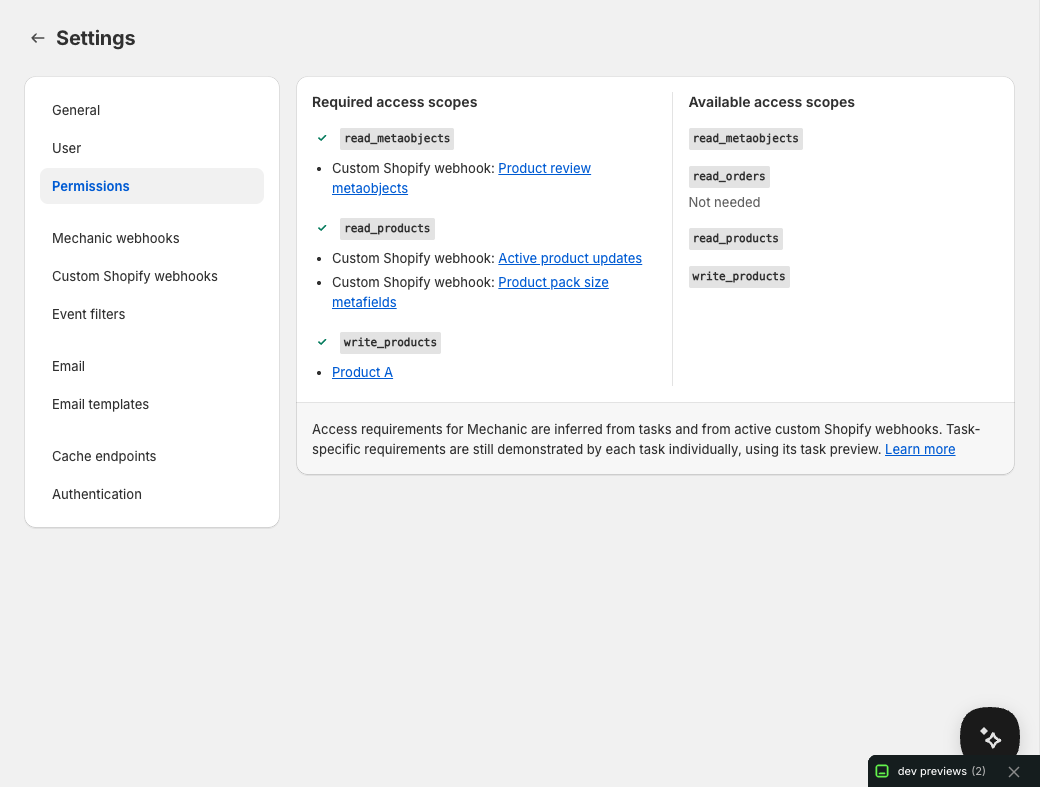 The Permissions section in Mechanic settings, showing required and available Shopify API scopes