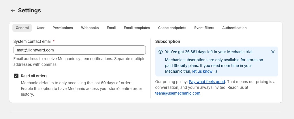 The Mechanic Settings page showing the General tab