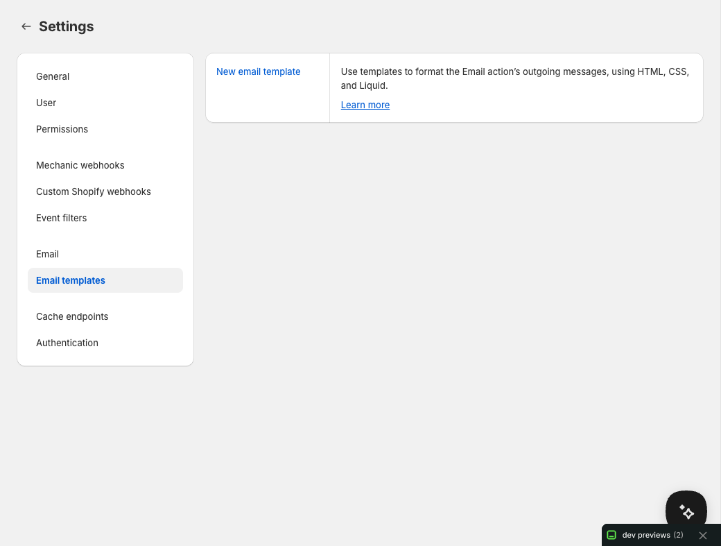 The Email templates section in Mechanic settings