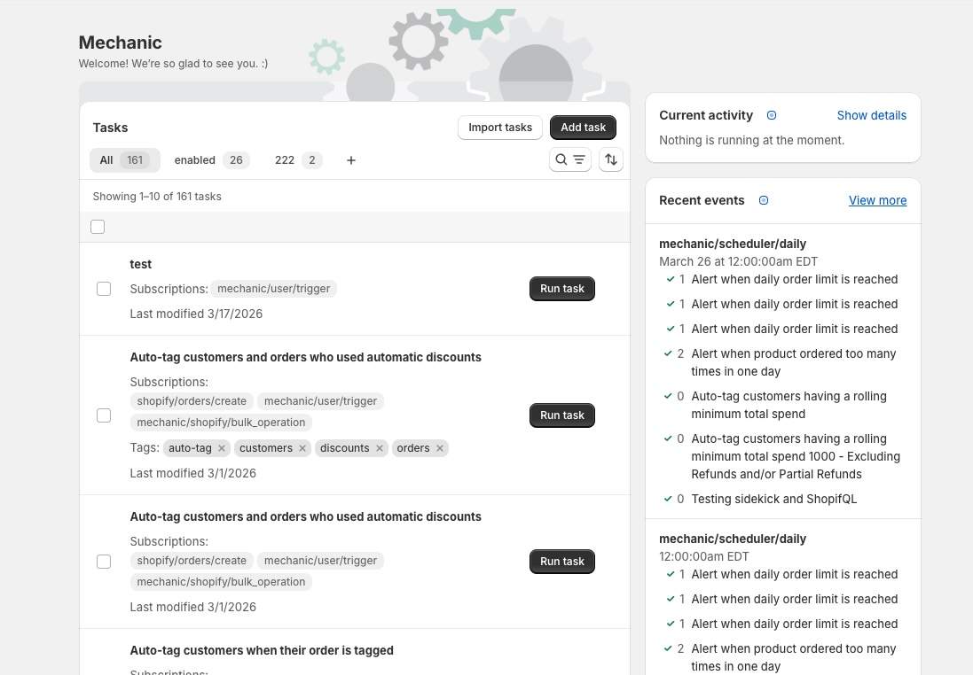 The Mechanic home screen showing the task list, current activity, and recent events