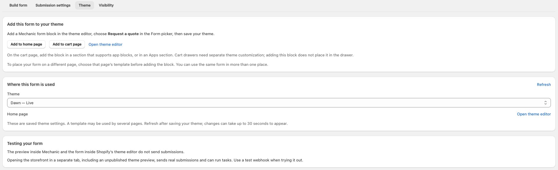 Theme settings showing where the quote form is placed and explaining which previews send real submissions