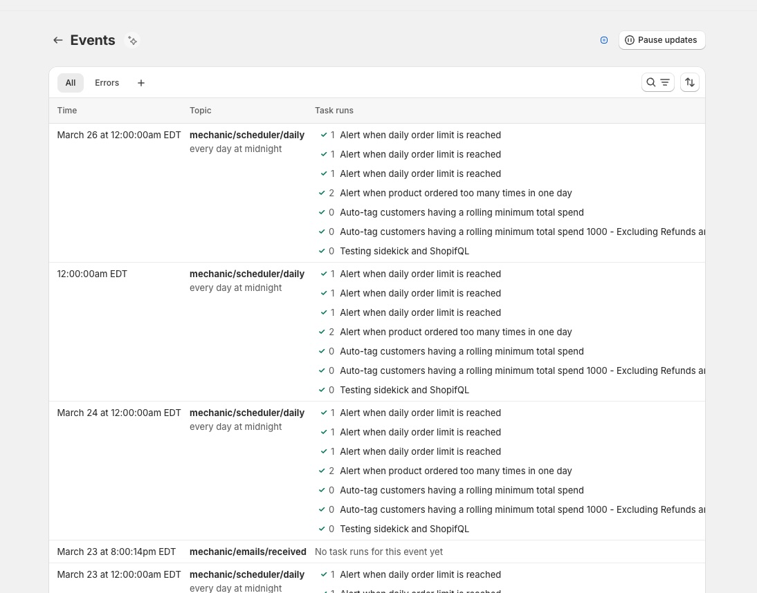 The Events list showing recent events with their topics and task run results