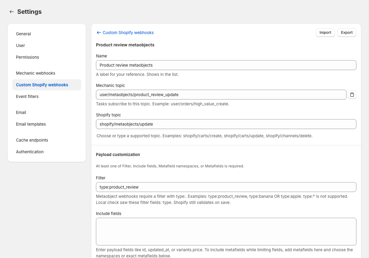 A custom Shopify webhook form for Shopify metaobject updates with a type filter